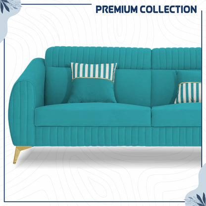 Adorn India Premium Valentino 3-2-1 Sofa Set | Velvet Suede Fabric | 3-Year Warranty | Color Aqua Blue with Golden Legs & Striped Pattern Cushion