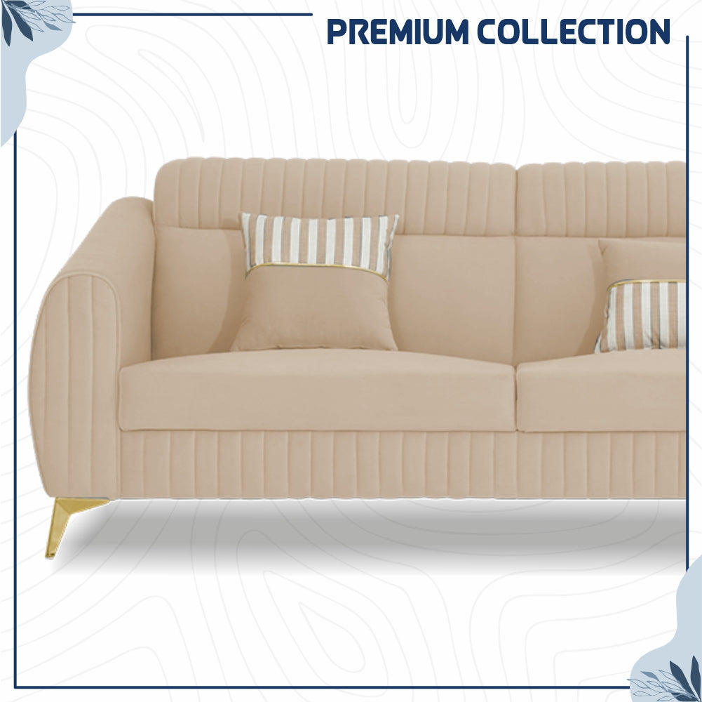 Adorn India Premium Valentino 3-2-1 Sofa Set | Velvet Suede Fabric | 3-Year Warranty | Color Beige with Golden Legs & Striped Pattern Cushion