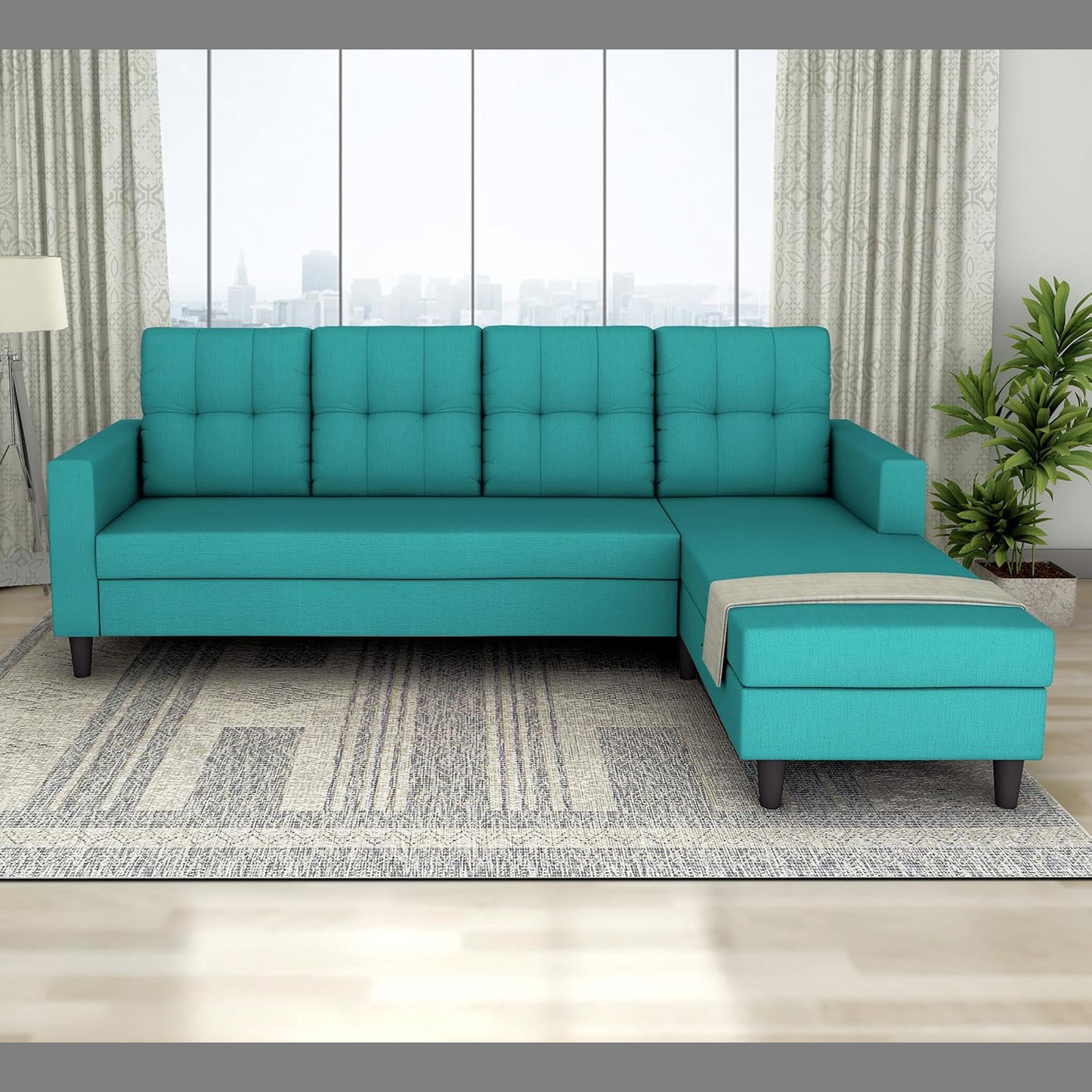 Adorn India Darcy L Shape 5 Seater Sofa Set (RHS) (Aqua Blue) (3 Year Warranty)