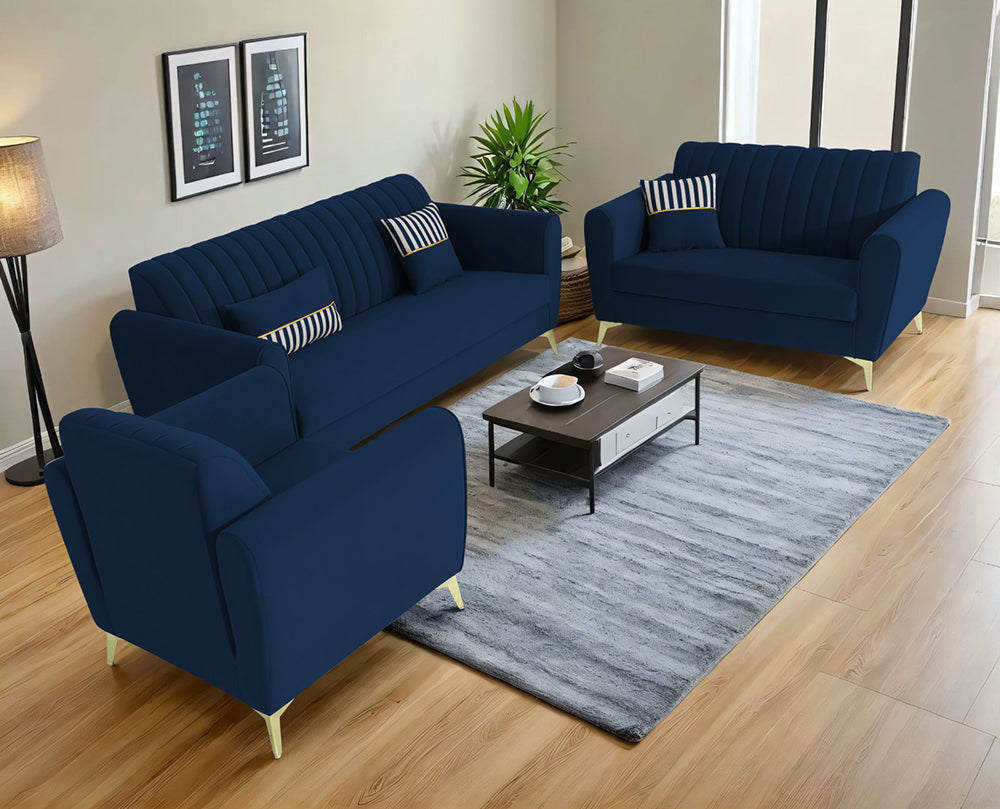 Adorn India Premium Luster 3-1-1 Sofa Set | Velvet Suede Fabric | 3-Year Warranty | Color Blue with Golden Legs & Striped Pattern Cushion
