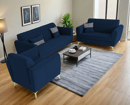 Adorn India Premium Luster 3-1-1 Sofa Set | Velvet Suede Fabric | 3-Year Warranty | Color Blue with Golden Legs & Striped Pattern Cushion