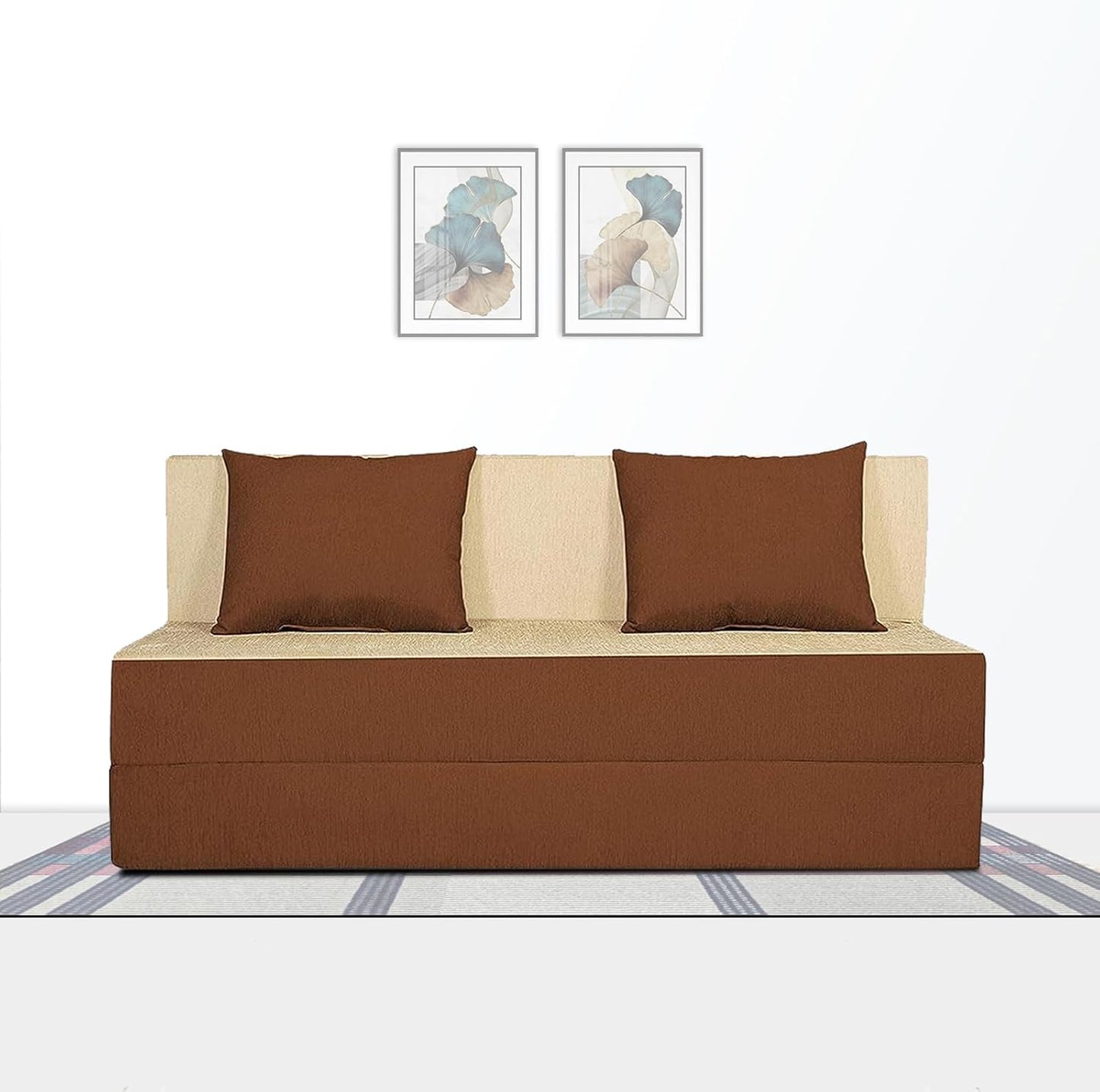 Adorn India Easy 4 Seater Sofa Cum Bed (2 Years Warrenty Quality Foam)-Perfect for Seat & Sleep Washeble Polyster Fabric Cover (Brown & Beige) 6'x6'.Pillows Free (1 Year Warranty)
