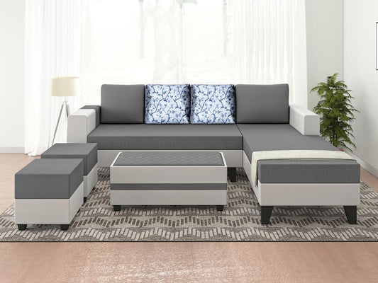 Adorn India Ashley Digitel Print Leatherette Fabric L Shape 8 Seater Sofa Set with 2 Ottoman Puffy & Center Table RHS (Grey & White) (3 Year Warranty)