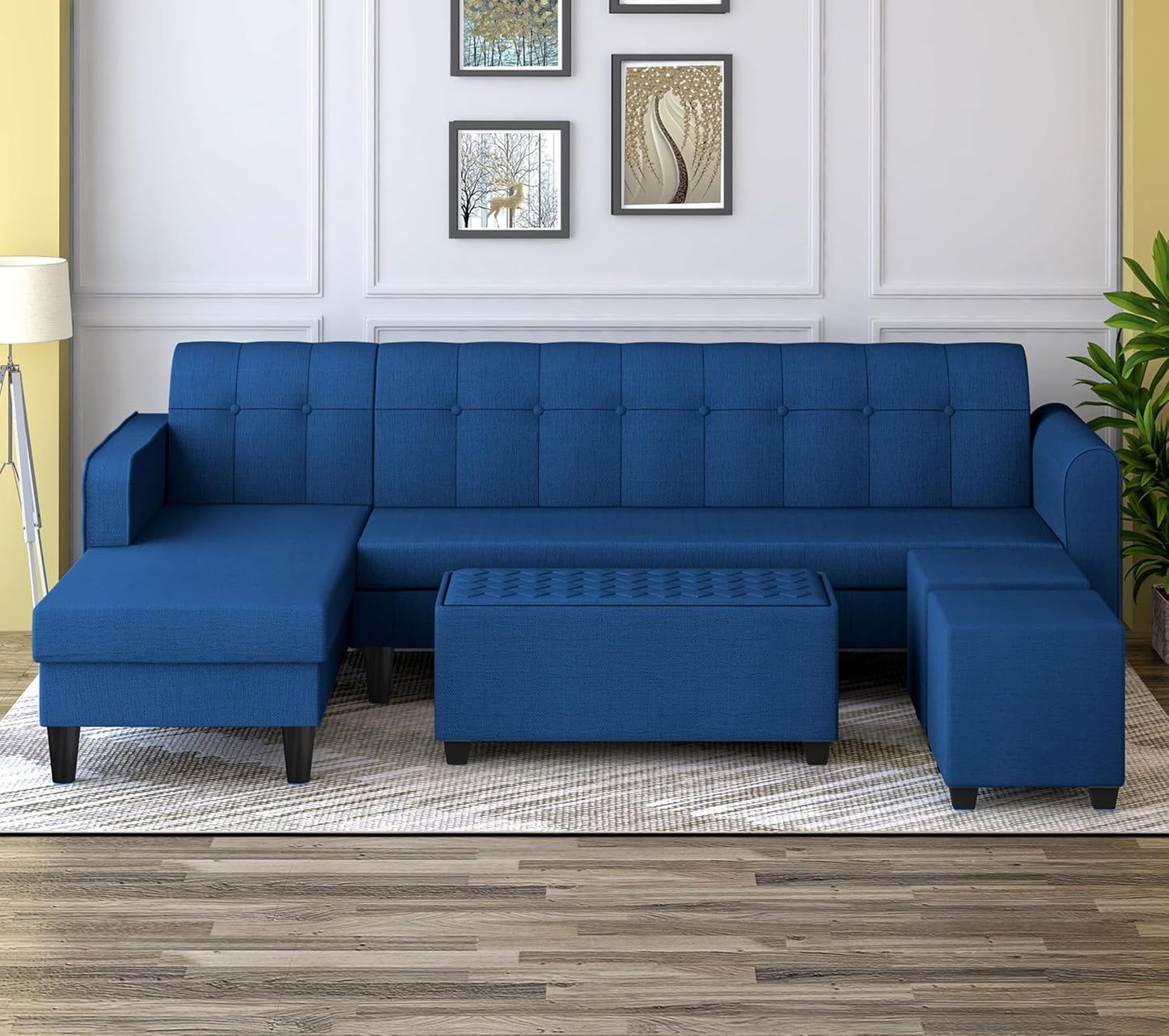 Adorn India Rio Elegant L Shape 8 Seater Sofa Set with Center Table and 2 Ottoman Puffy (LHS) (Blue) (3 Year Warranty)