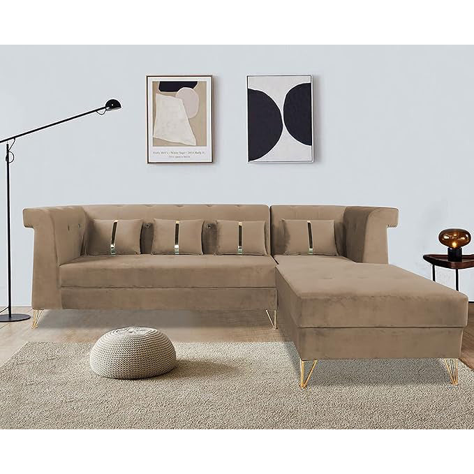 Adorn India Premium Raygan L Shape 6 Seater Sofa Set Right Side (Velvet Fabric Colour Camel)