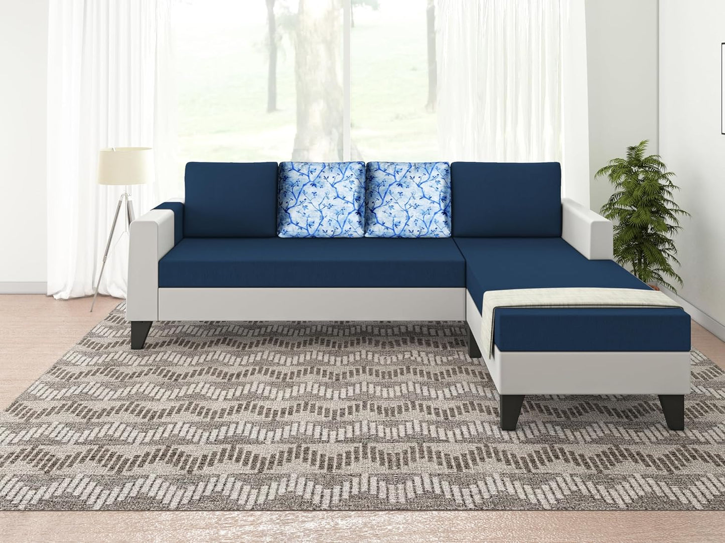Adorn India Ashley Digital Print Leatherette Fabric L Shape 5 Seater Sofa Set RHS (Blue & White) (3 Year Warranty)