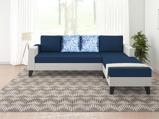 Adorn India Ashley Digital Print Leatherette Fabric L Shape 5 Seater Sofa Set RHS (Blue & White) (3 Year Warranty)