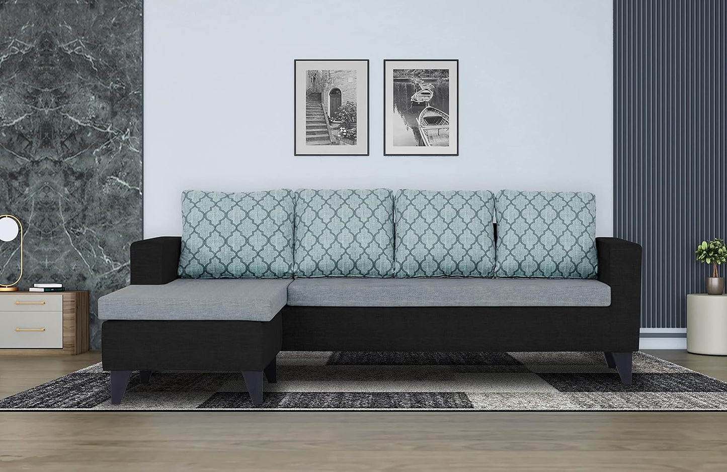 Adorn India Dorothy Blossom L Shape 5 Seater Sofa Set LHS (Black & Grey)