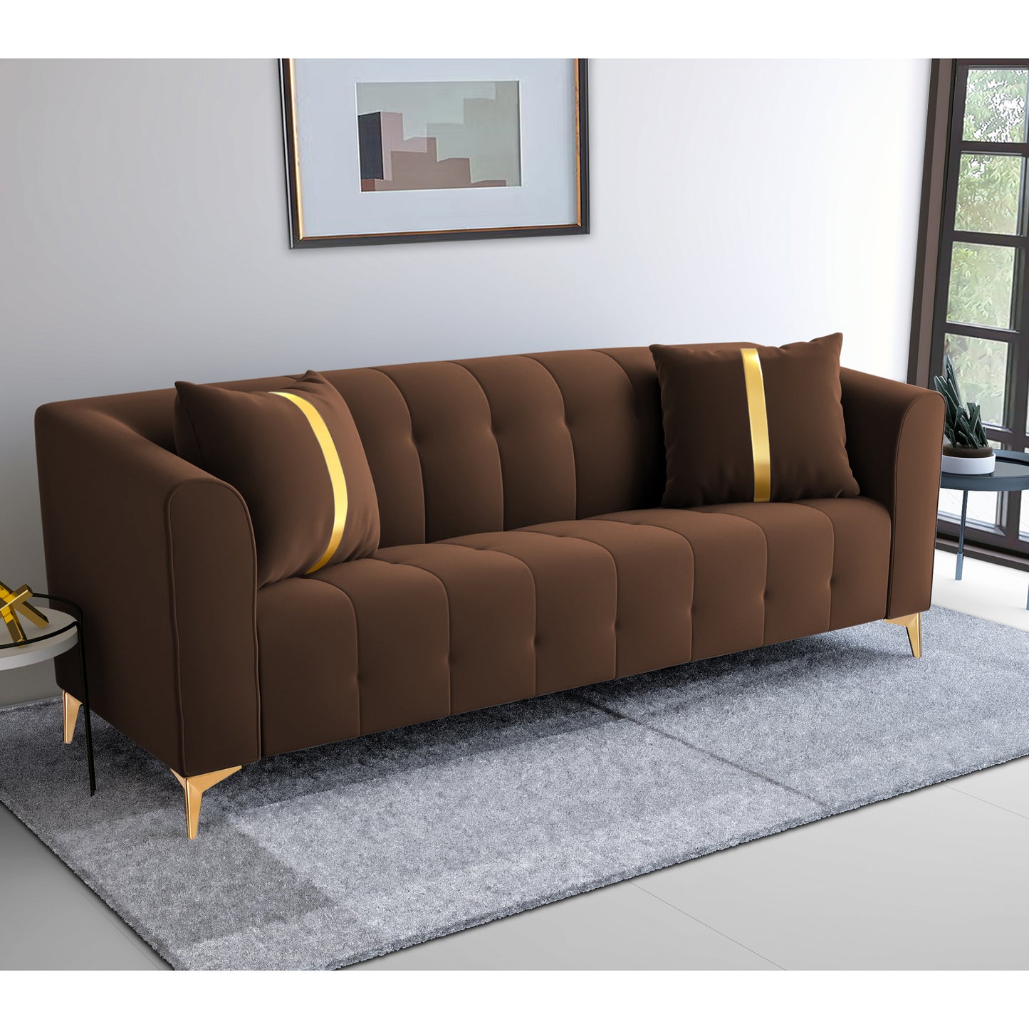 Adorn India Premium Mystic - 3 Years Warranty - 3 Seater Sofa Velvet Suede Fabric - Brown