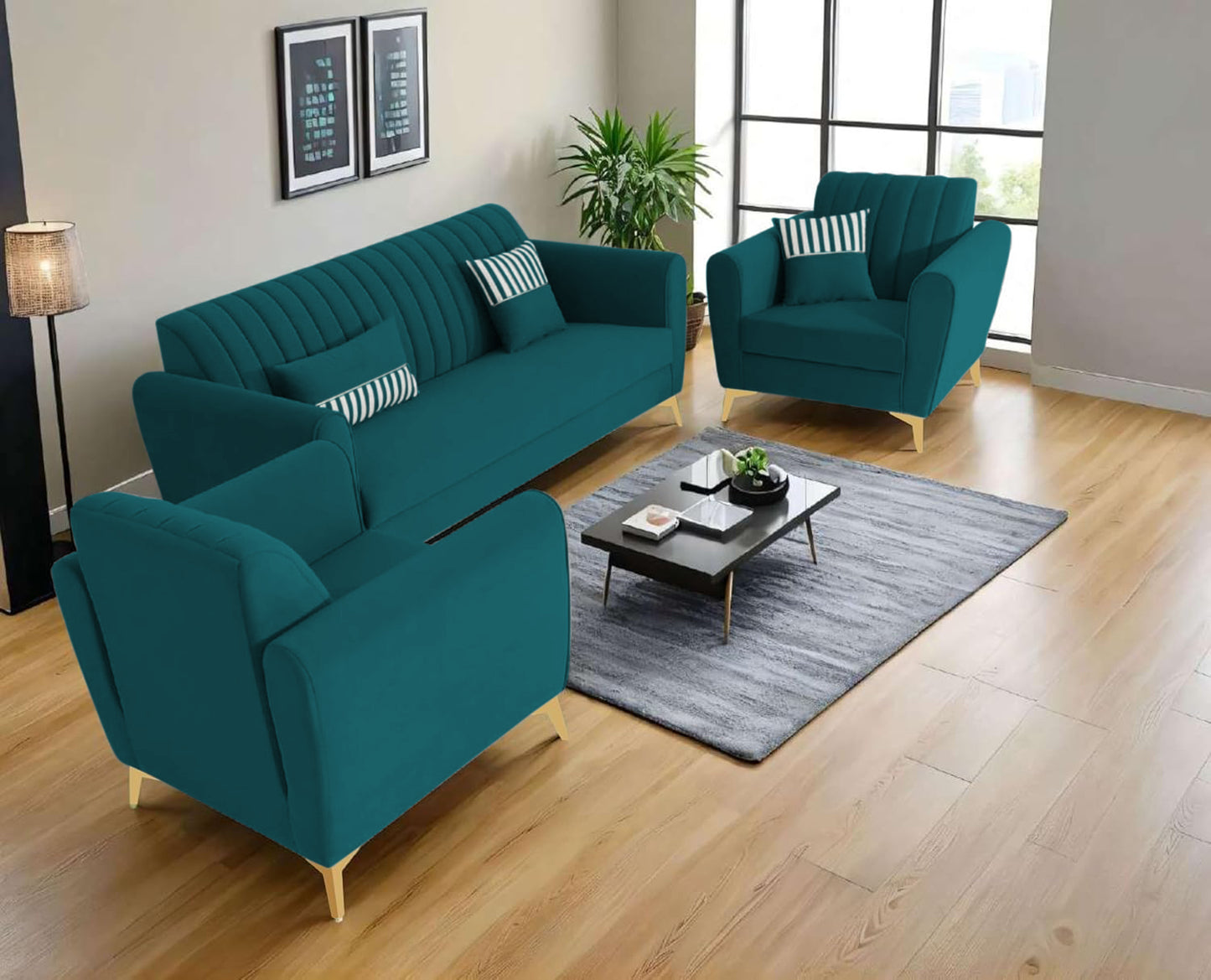 Adorn India Premium Luster 3-2-1 Sofa Set | Velvet Suede Fabric | 3-Year Warranty | Color Ocean Blue with Golden Legs & Striped Pattern Cushion