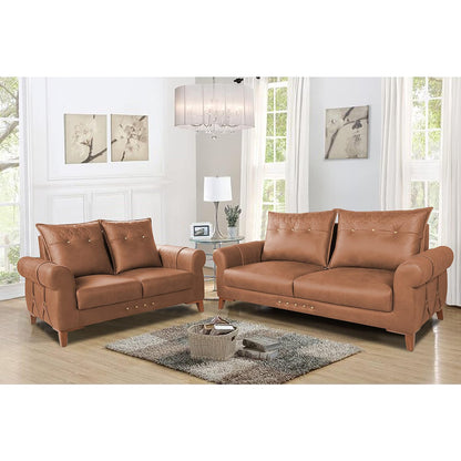 Adorn India Premium Jarvis 3+2 Five Seater Sofa Set (Leatherette Suede Fabric Colour Tan)