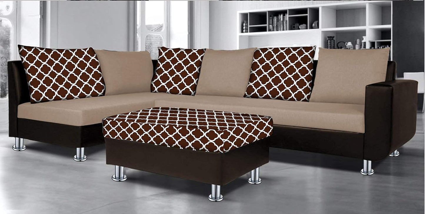 Adorn India (3 Years Warranty Atlanta 6 Seater Leatherette & Fabric Corner Sofa Left Hand Side with Ottoman (Brown & Beige)