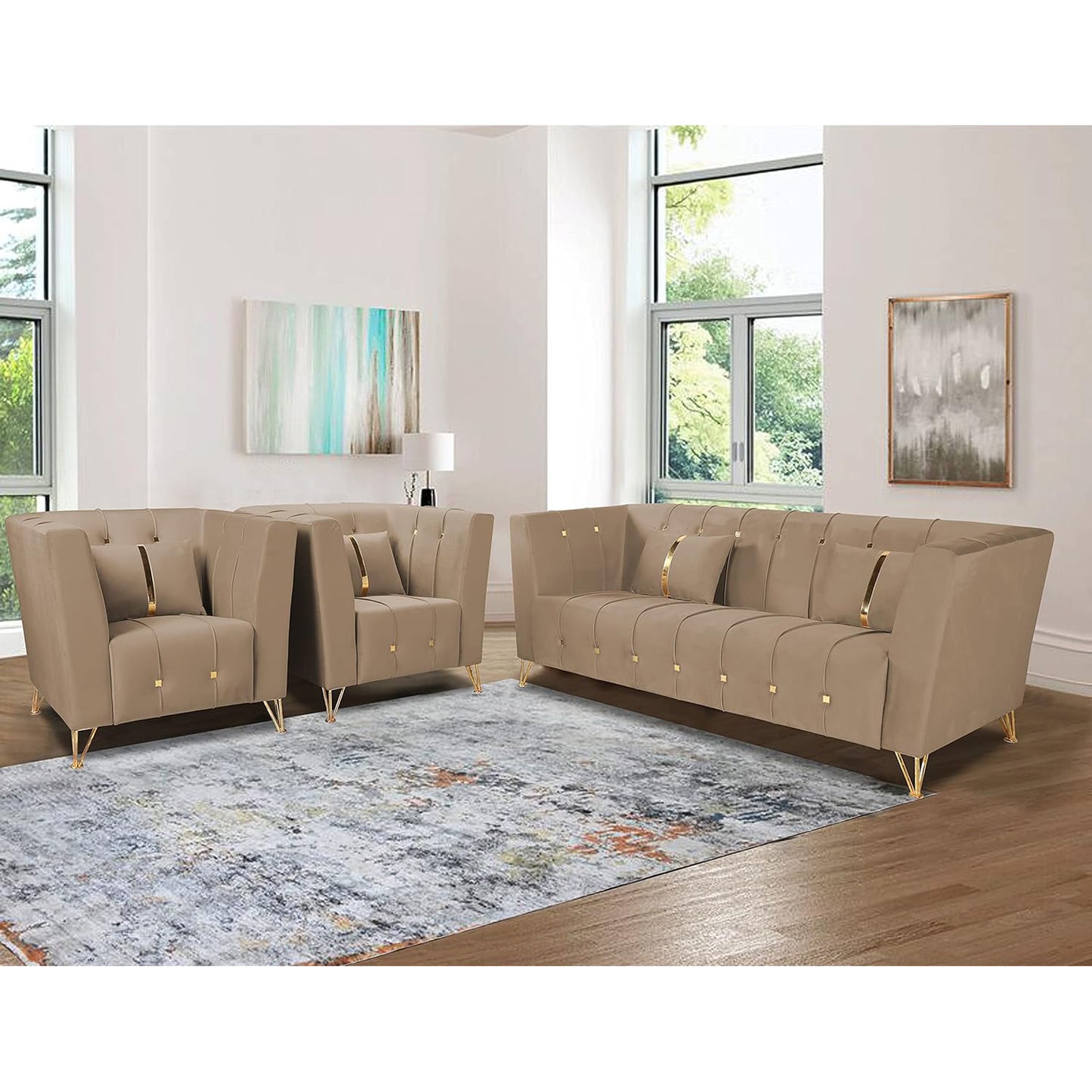 Adorn India Premium Lotus 3-1-1 5 Seater Sofa (Velvet Fabric Colour Camel)