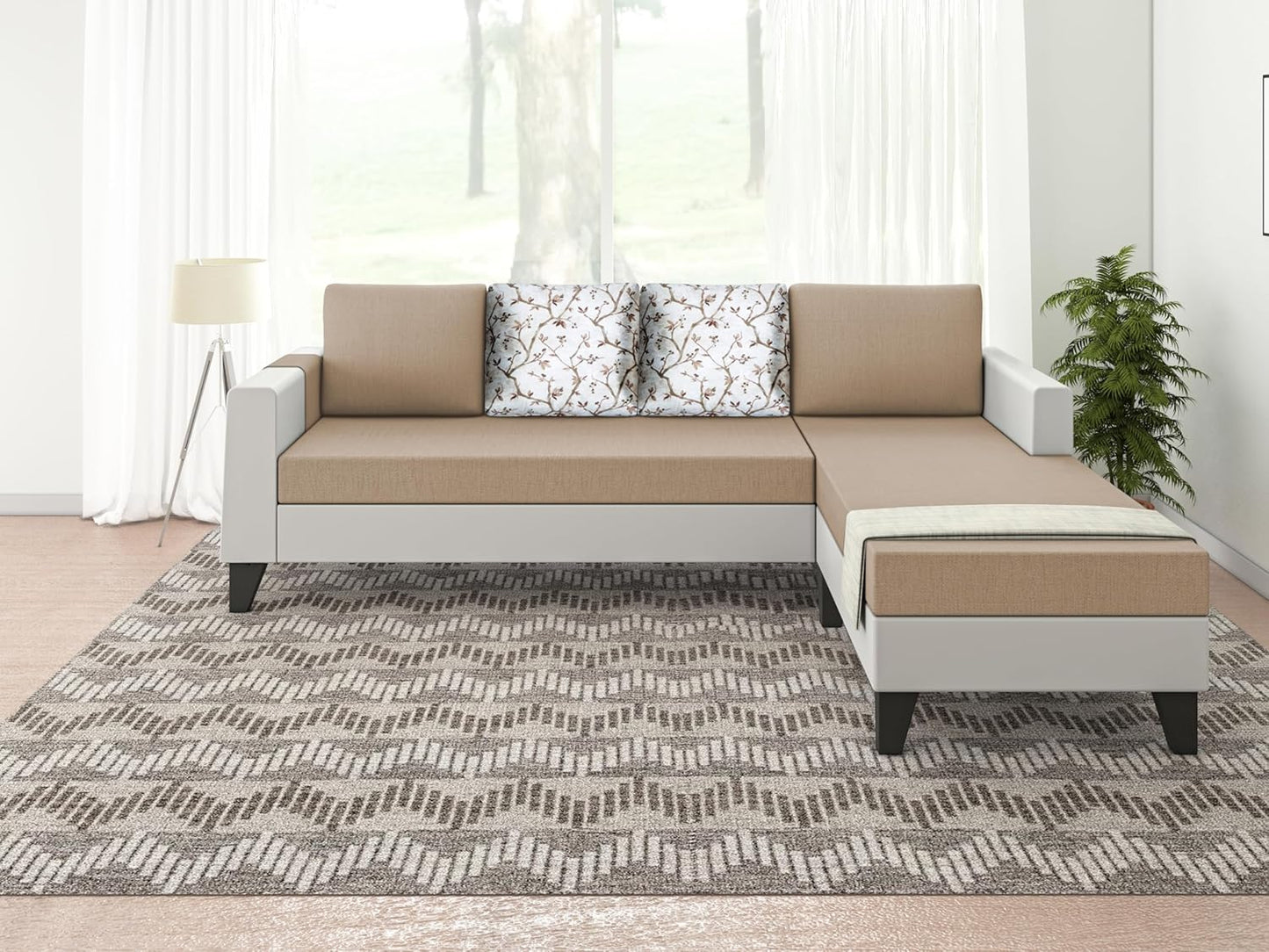 Adorn India Ashley Digital PrintLeatherette Fabric L Shape 5 Seater Sofa Set RHS (Beige & White) (3 Year Warranty)
