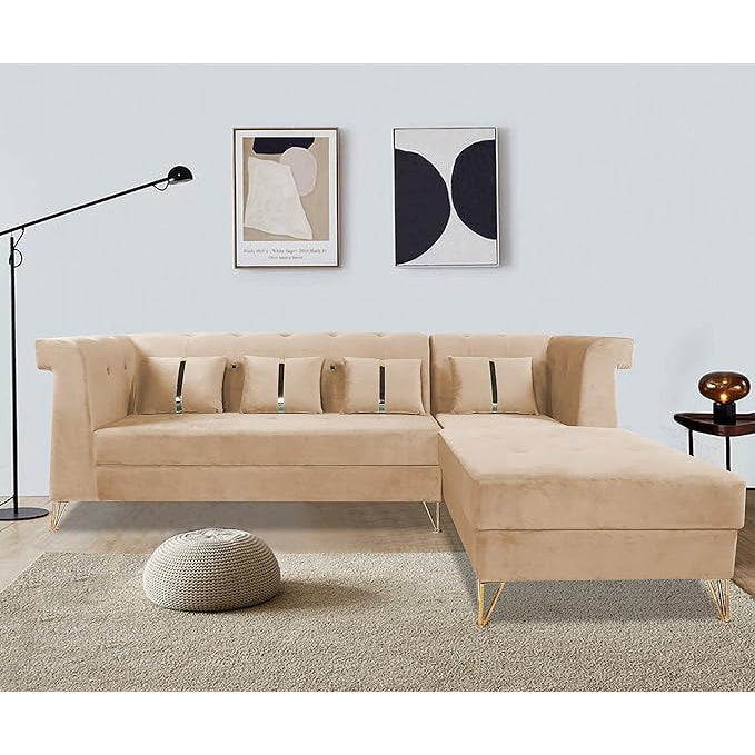 Adorn India Premium Raygan L Shape 6 Seater Sofa Set Right Side (Velvet Fabric Colour Beige)