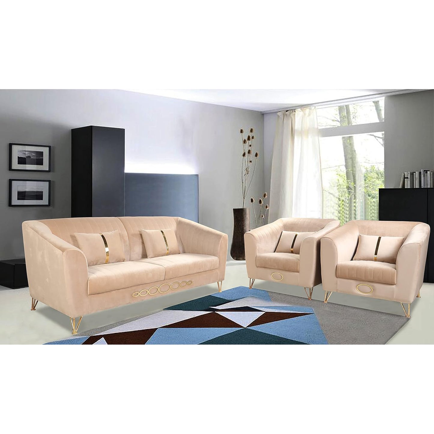 Adorn India Premium Camilla 3-1-1 5 Seater Sofa Set (Velvet Fabric Colour Beige)