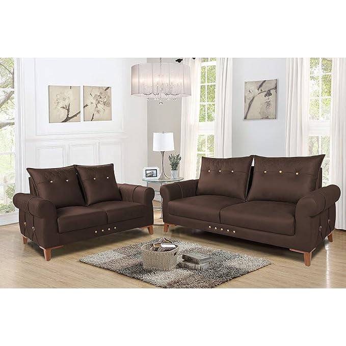 Adorn India Premium Jarvis 3+2 Five Seater Sofa Set (Leatherette Suede Fabric Colour Brown)