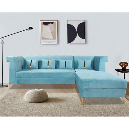 Adorn India Premium Raygan L Shape 6 Seater Sofa Set Right Side (Velvet Fabric Colour Aqua Blue)