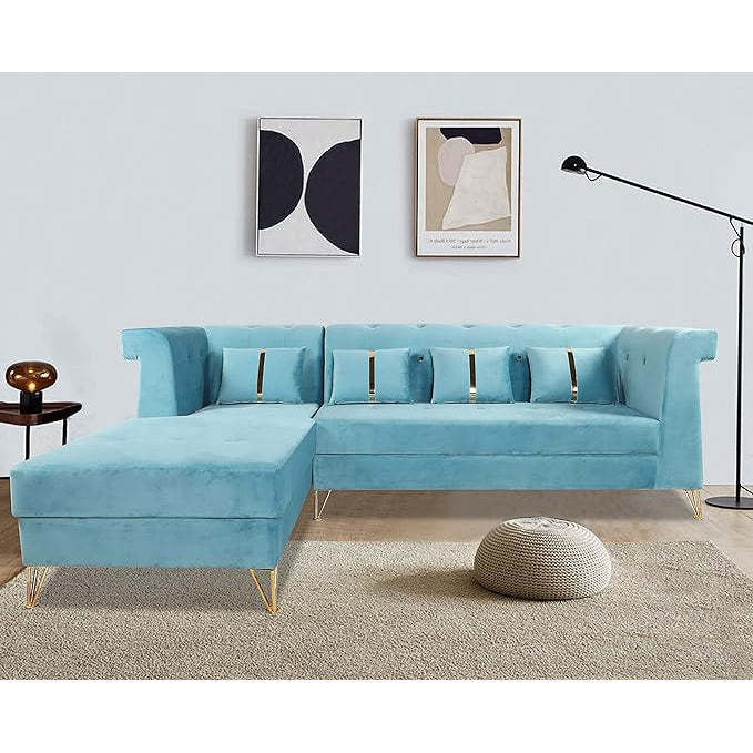 Adorn India Premium Raygan L Shape 6 Seater Sofa Set Left Side (Velvet Suede Fabric Colour Aqua Blue)