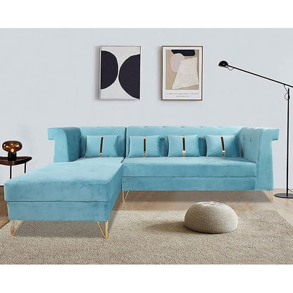 Adorn India Premium Raygan L Shape 6 Seater Sofa Set Left Side (Velvet Suede Fabric Colour Aqua Blue)