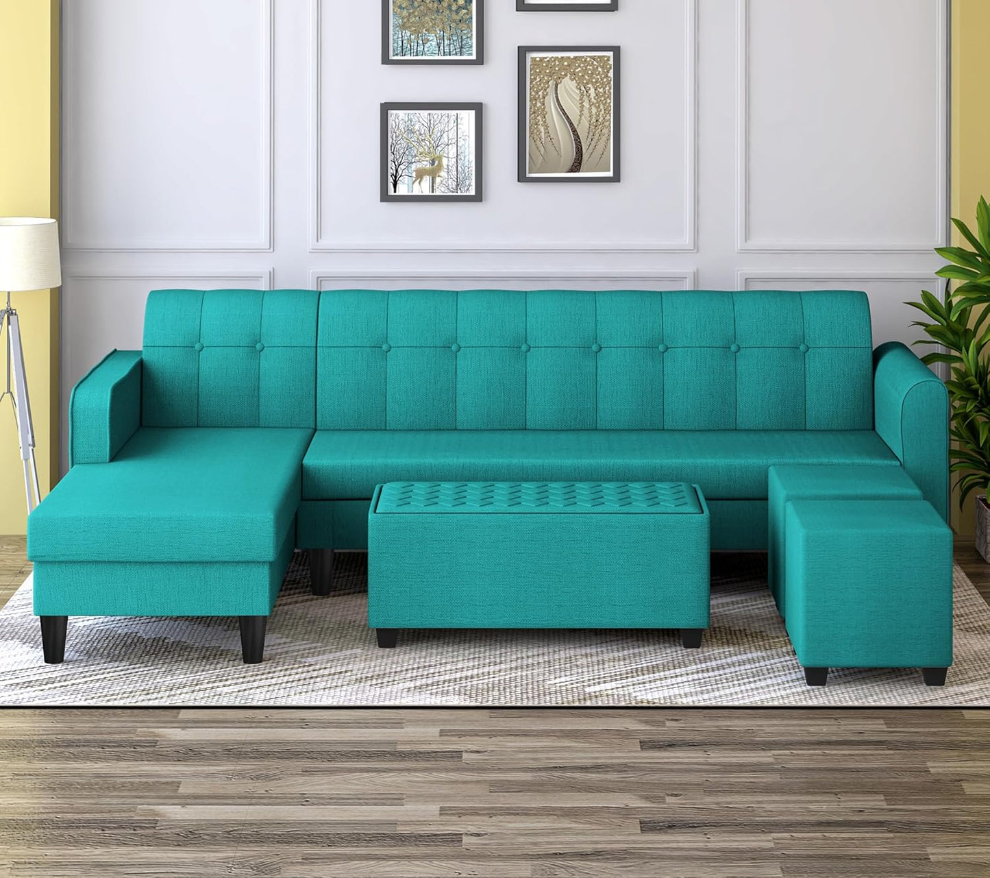 Adorn India Rio Elegant L Shape 8 Seater Sofa Set with Center Table and 2 Ottoman Puffy (LHS) (Aqua Blue) (3 Year Warranty)