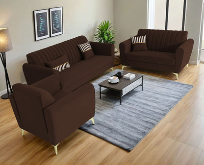 Adorn India Premium Luster 3-1-1 Sofa Set | Velvet Suede Fabric | 3-Year Warranty | Color Brown with Golden Legs & Striped Pattern Cushion
