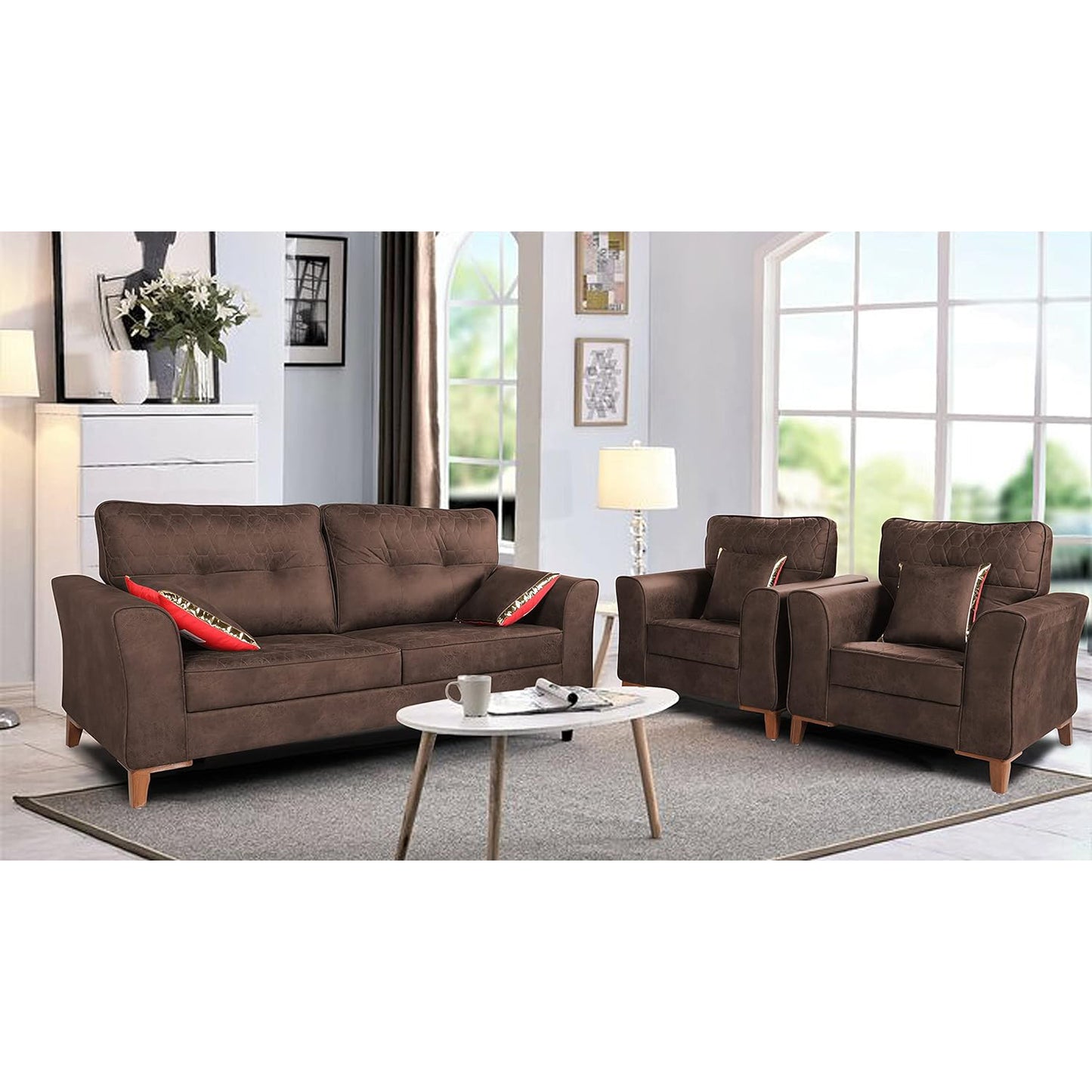 Adorn India Premium Aslaug 3-1-1 Sofa Set (Leatherette Suede Fabric Colour Brown)