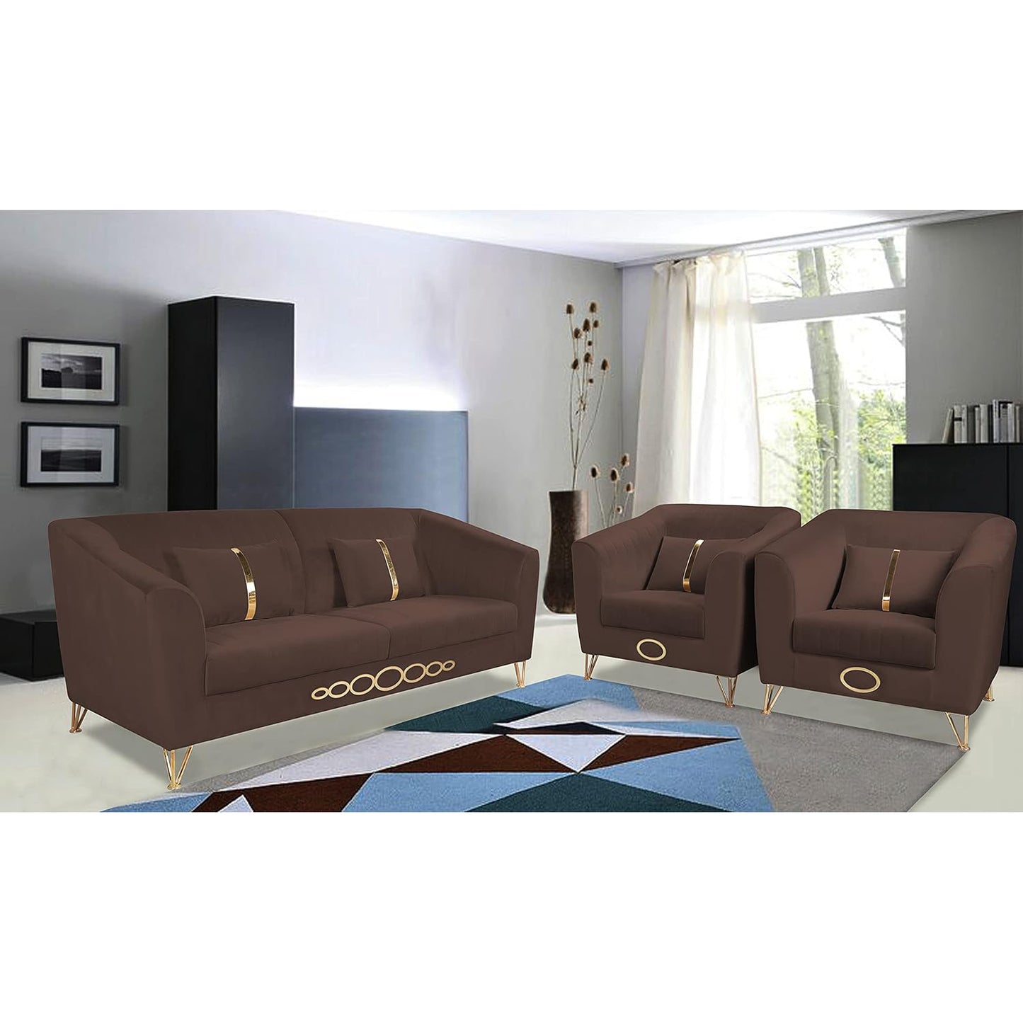 Adorn India Premium Camilla 3-1-1 5 Seater Sofa Set (Velvet Fabric Colour Brown)