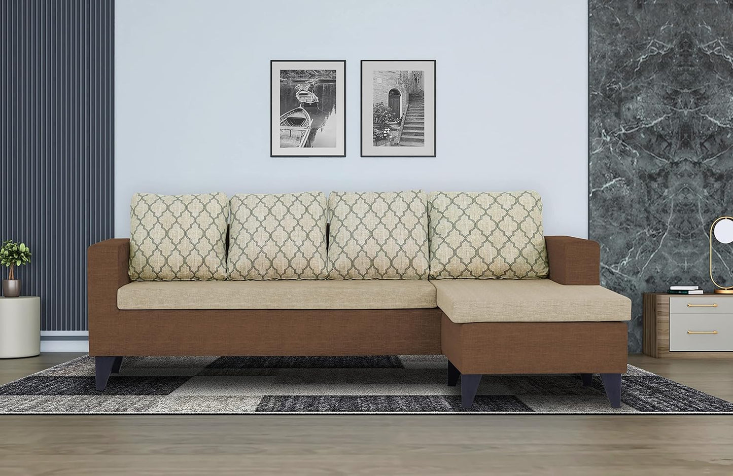 Adorn India Dorothy Blossom L Shape 5 Seater Sofa Set RHS (Brown & Beige)
