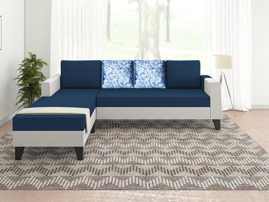 Adorn India Ashley Digital Print Leatherette Fabric L Shape 5 Seater Sofa Set LHS (Blue & White) (3 Year Warranty)