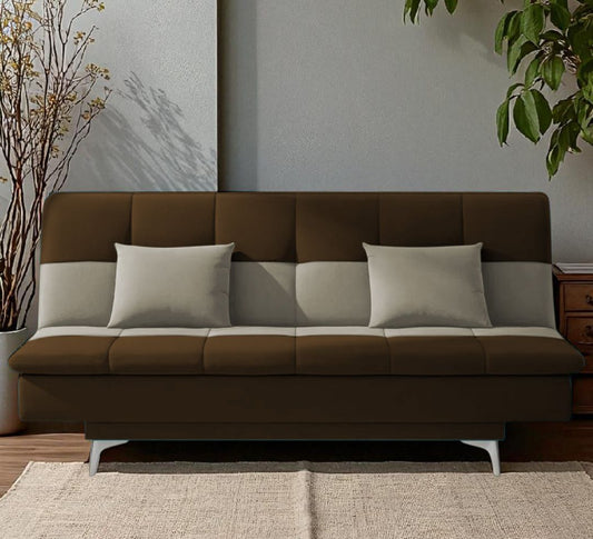 Adorn India Premium New Aspen 3 Seater Sofa Cum Bed 4X6 Velvet Suede with 2 Cushions (Color Brown & Beige) and Suitable for All Indoor, with 3 Years Warranty