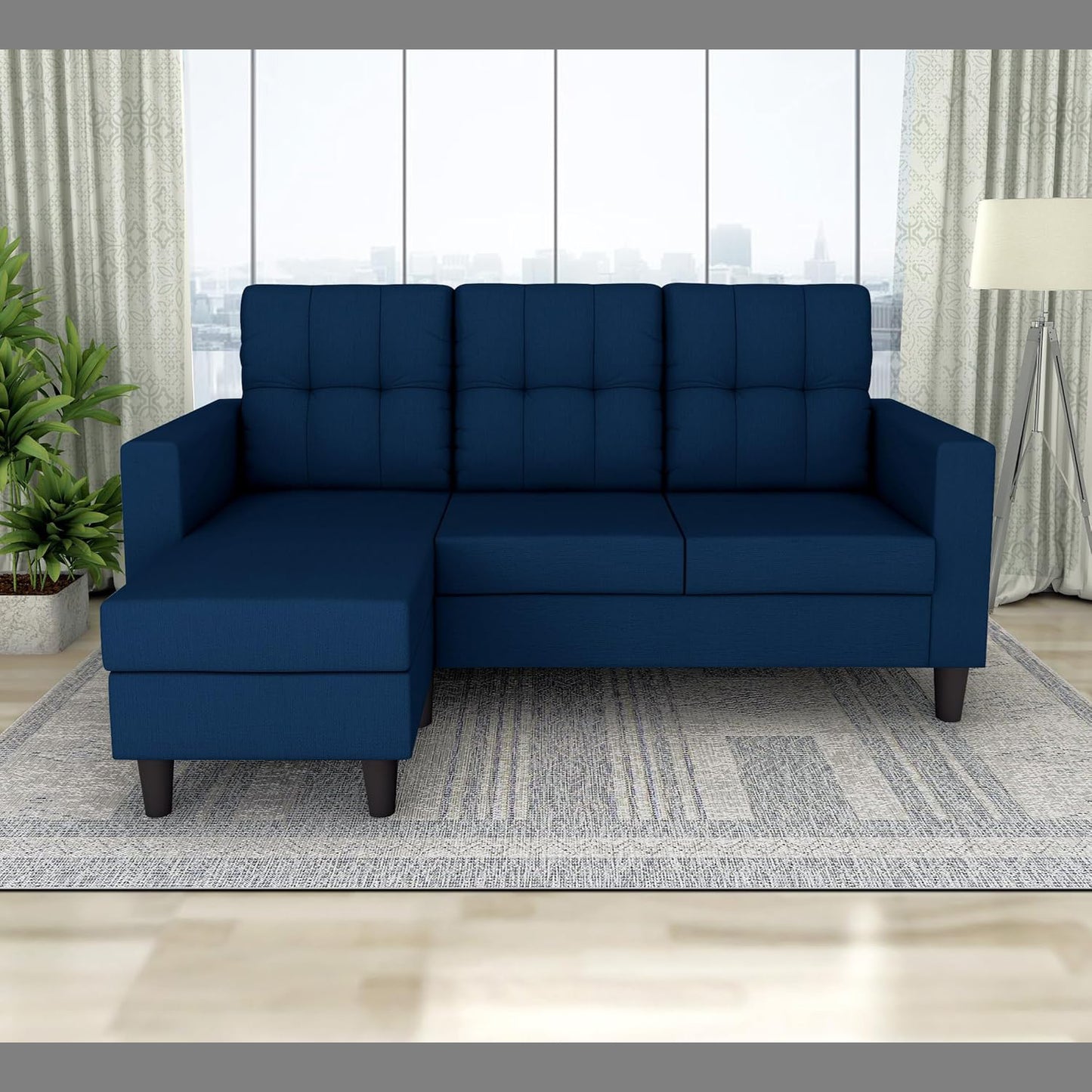 Adorn India Darcy L Shape 4 Seater Sofa Set (Blue) (3 Year Warranty)