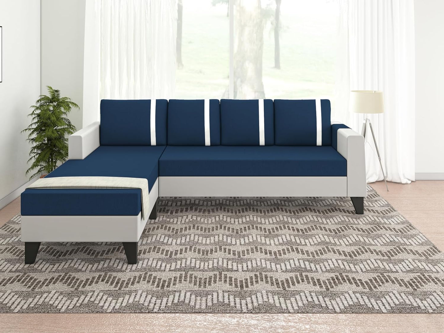 Adorn India Ashley Stripes Leatherette Fabric L Shape 5 Seater Sofa Set LHS (Blue & White) (3 Year Warranty)