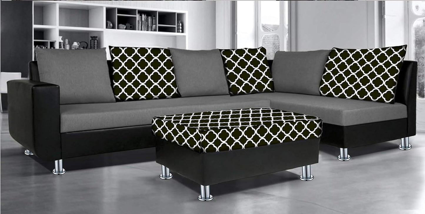 Adorn India (3 Years Warranty Atlanta 6 Seater Leatherette & Fabric Corner Sofa Right Hand Side with Ottoman (Grey & Black)