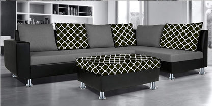 Adorn India (3 Years Warranty Atlanta 6 Seater Leatherette & Fabric Corner Sofa Right Hand Side with Ottoman (Grey & Black)