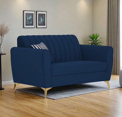 Adorn India Premium Luster 2 Seater | Velvet Suede Fabric | 3-Year Warranty | Color Blue with Golden Legs & Striped Pattern Cushion