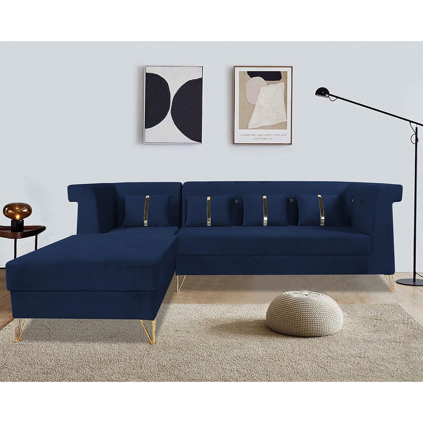 Adorn India Premium Raygan L Shape 6 Seater Sofa Set Left Side (Velvet Fabric Colour Blue)