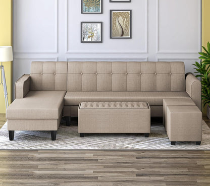 Adorn India Rio Elegant L Shape 8 Seater Sofa Set with Center Table and 2 Ottoman Puffy (LHS) (Beige) (3 Year Warranty)