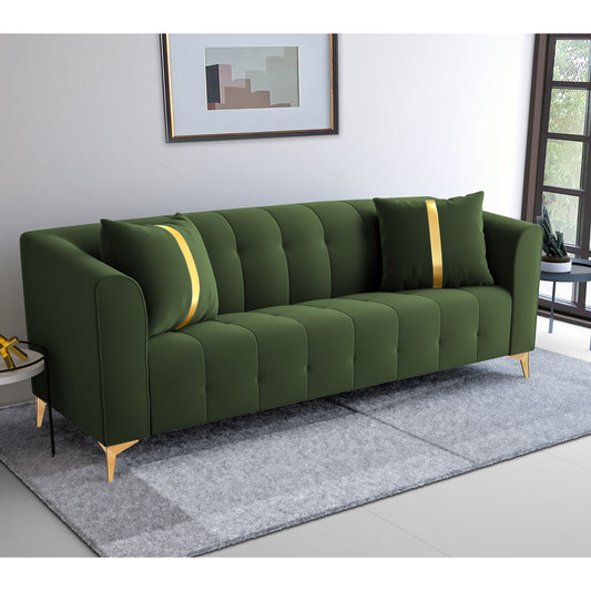Adorn India Premium Mystic - 3 Years Warranty - 3 Seater Sofa Velvet Suede Fabric - Green