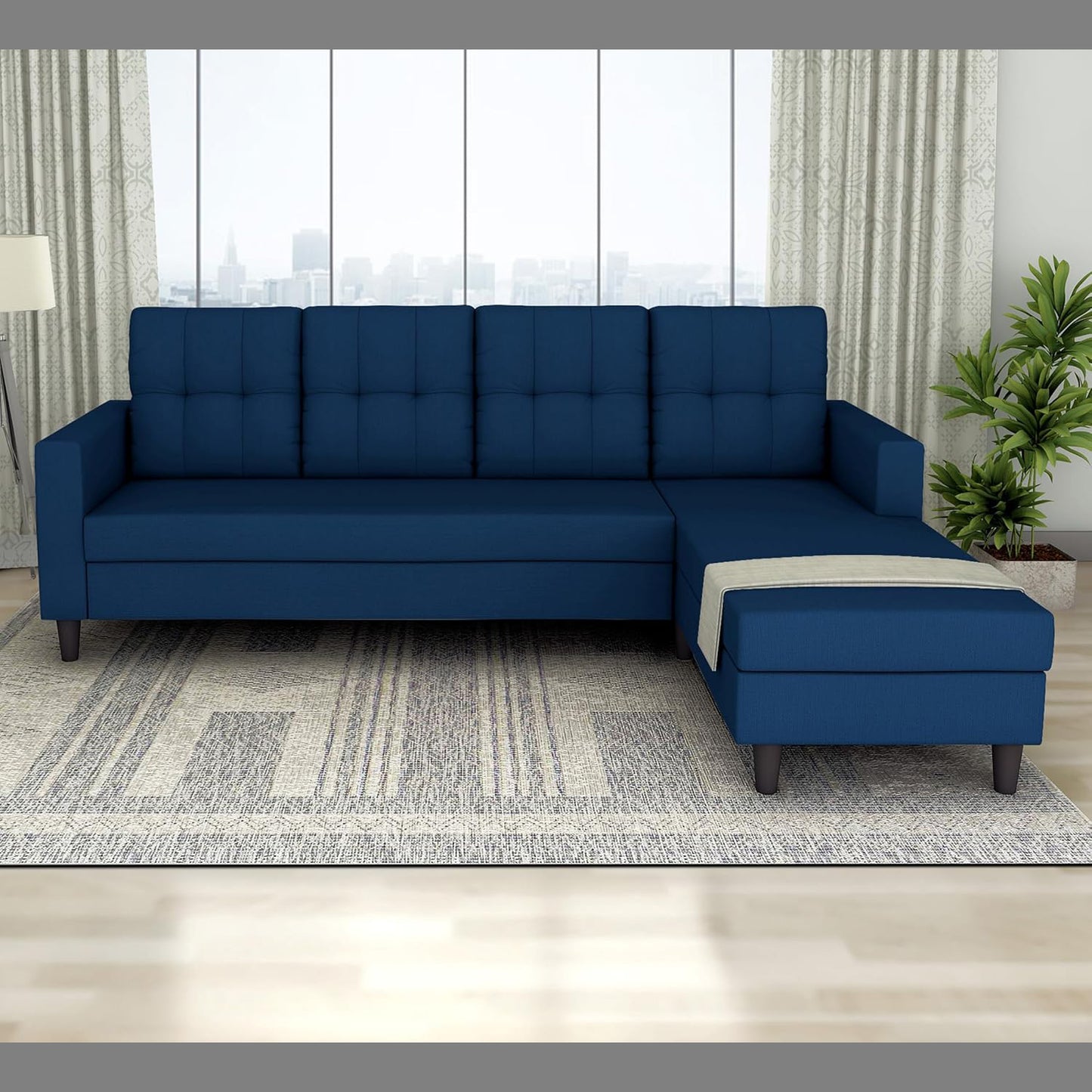 Adorn India Darcy L Shape 5 Seater Sofa Set (RHS) (Blue) (3 Year Warranty)