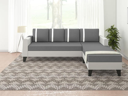 Adorn India Ashley Stripes Leatherette Fabric L Shape 5 Seater Sofa Set RHS (Grey & White) (3 Year Warranty)