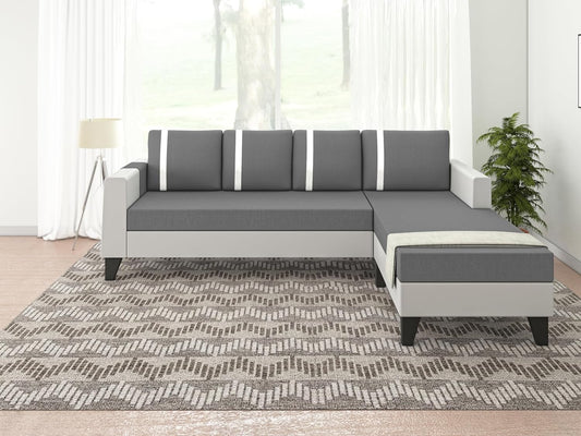 Adorn India Ashley Stripes Leatherette Fabric L Shape 5 Seater Sofa Set RHS (Grey & White) (3 Year Warranty)
