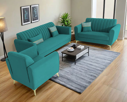 Adorn India Premium Luster 3-2-1 Sofa Set | Velvet Suede Fabric | 3-Year Warranty | Color Aqua Blue with Golden Legs & Striped Pattern Cushion