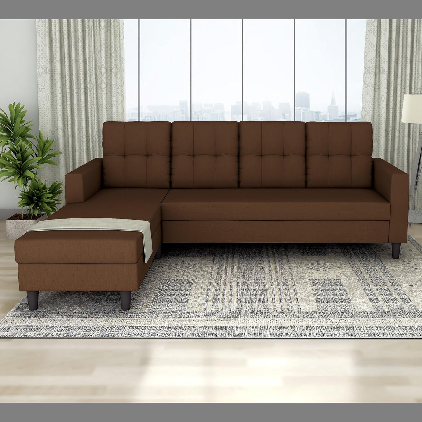 Adorn India Darcy L Shape 5 Seater Sofa Set (LHS) (Brown) (3 Year Warranty)