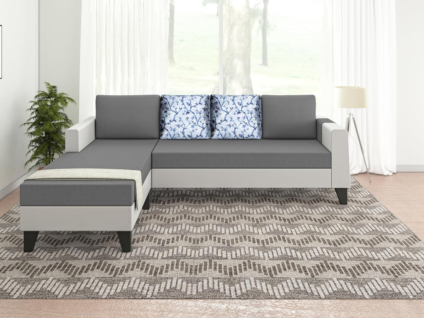 Adorn India Ashley Digital Print Leatherette Fabric L Shape 5 Seater Sofa Set LHS (Grey & White) (3 Year Warranty)