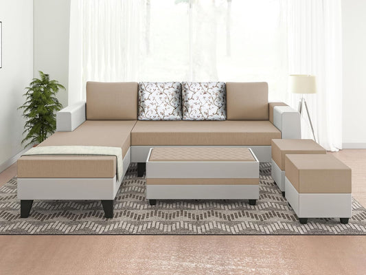 Adorn India Ashley Digitel Print Leatherette Fabric L Shape 8 Seater Sofa Set with 2 Ottoman Puffy & Center Table LHS (Beige & White) (3 Year Warranty)