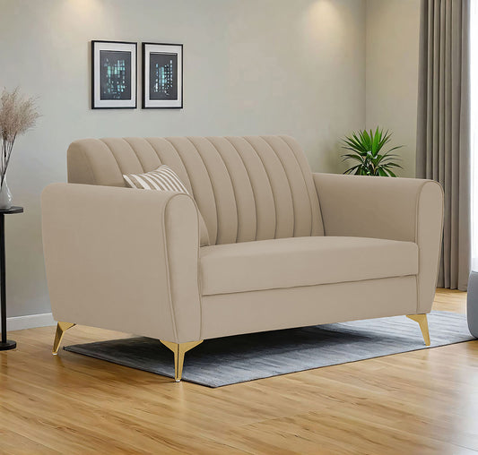Adorn India Premium Luster 2 Seater | Velvet Suede Fabric | 3-Year Warranty | Color Beige with Golden Legs & Striped Pattern Cushion