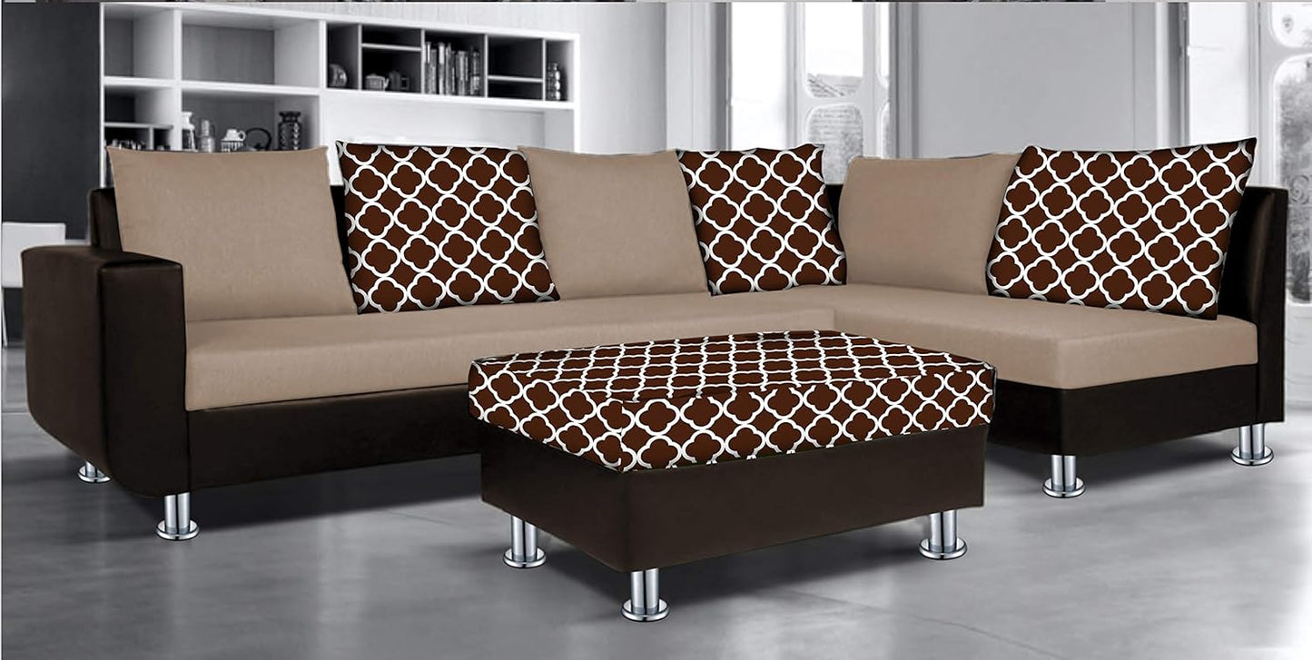 Adorn India (3 Years Warranty Atlanta 6 Seater Leatherette & Fabric Corner Sofa Right Hand Side with Ottoman (Brown & Beige)