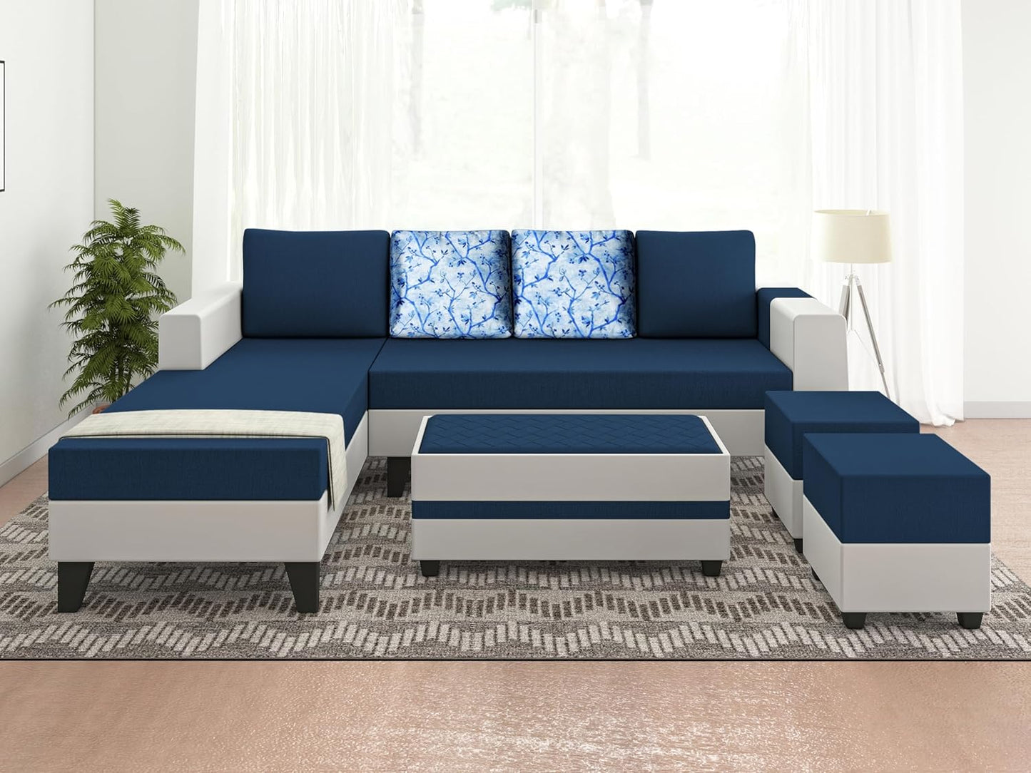Adorn India Ashley Digitel Print Leatherette Fabric L Shape 8 Seater Sofa Set with 2 Ottoman Puffy & Center Table LHS (Blue & White) (3 Year Warranty)