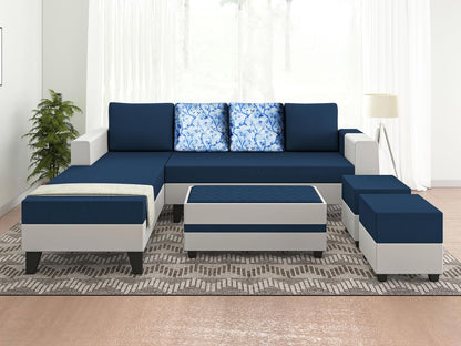 Adorn India Ashley Digitel Print Leatherette Fabric L Shape 8 Seater Sofa Set with 2 Ottoman Puffy & Center Table LHS (Blue & White) (3 Year Warranty)